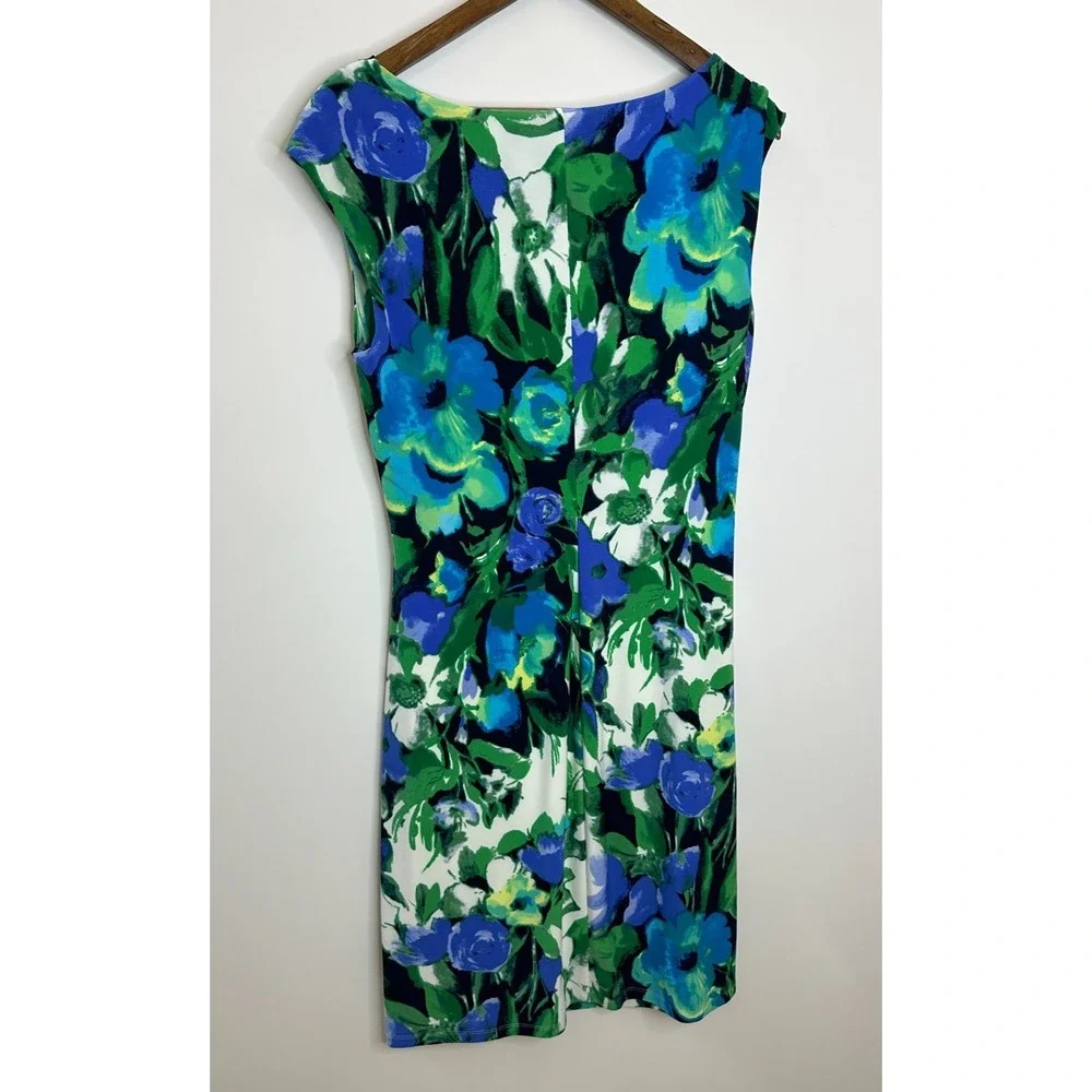 Lauren Ralph Lauren Blue Green Floral Cowl Neck Ruched Sheath Dress Size 12 - Picture 7 of 12